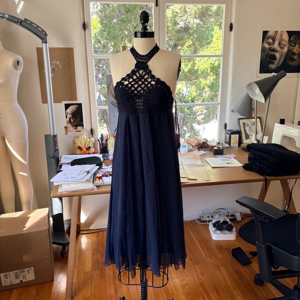 BCBGMaxAzria Navy Crochet Halter Dress
